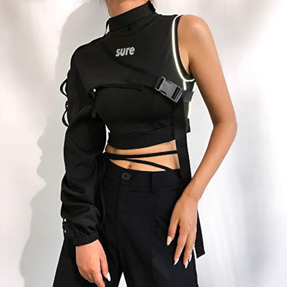 トップス sheller flare cuffs one shoulder shirt Amazon.com: Women Sexy Reflective One Shoulder Buckle Top